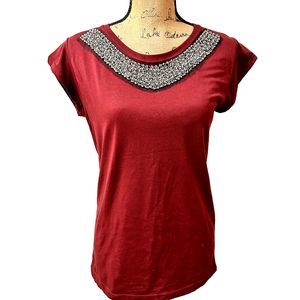 NWT Made With Love Embellished Women Burgundy Crewneck T-Shirt SZ L  Italy